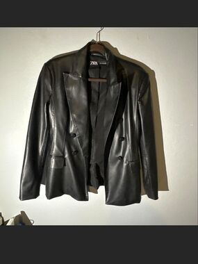 Zara Black Faux Leather Double-Breasted Blazer Jacket